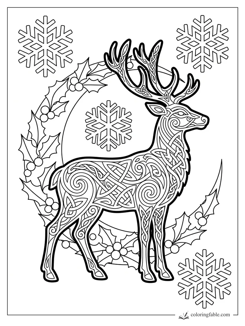 Intricate Celtic reindeer with knotwork antlers, holly wreath, berries, and snowflakes