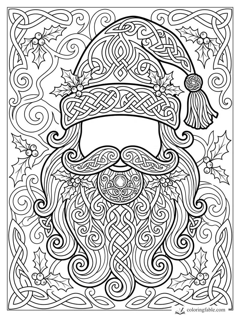 Intricate Celtic Santa face with braided beard, holly sprigs, tassel, and knotwork border