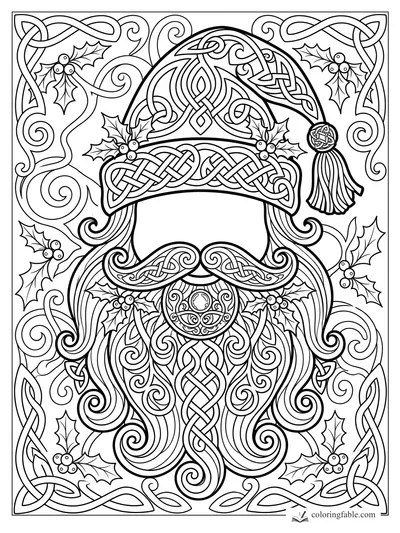 Intricate Celtic Santa face with braided beard, holly sprigs, tassel, and knotwork border