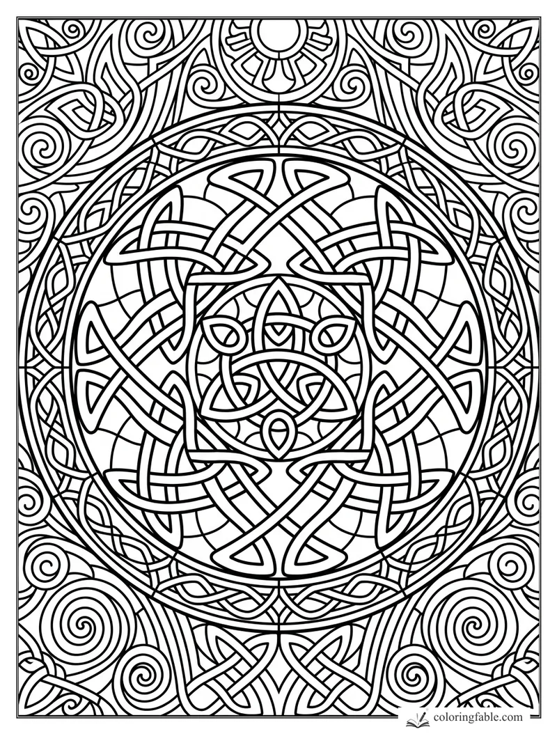 Intricate Celtic stained glass design with central knot medallion, leaf shapes, arches, and corner spirals