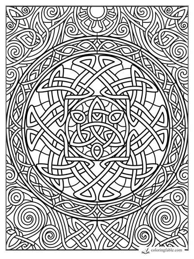 Intricate Celtic stained glass design with central knot medallion, leaf shapes, arches, and corner spirals