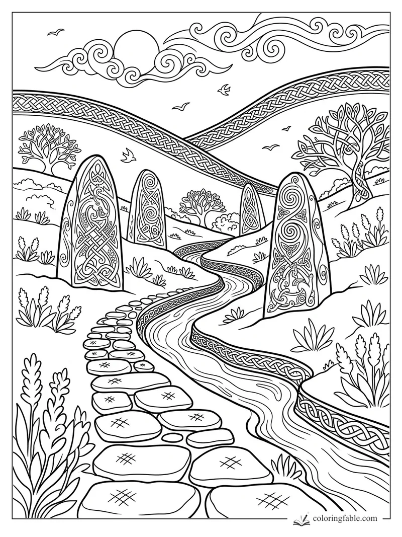 Intricate Celtic landscape with knotwork standing stones, winding stream, hills, trees, sun, clouds, and birds.