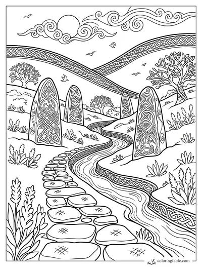 Intricate Celtic landscape with knotwork standing stones, winding stream, hills, trees, sun, clouds, and birds.