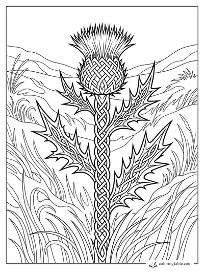 Intricate Celtic thistle coloring page with braided stem, woven bud, spiky leaves, and rolling grasses.