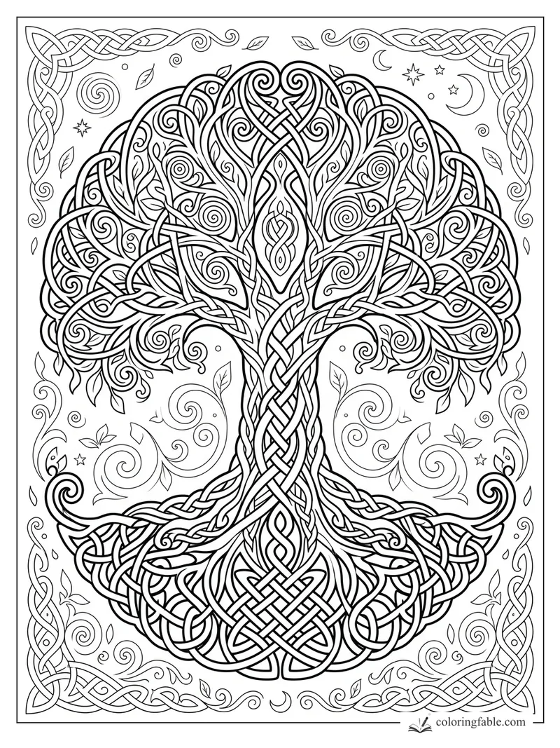 Intricate Celtic tree of life with braided trunk, knotted roots, spiraling leaves, moons, stars, and woven border.