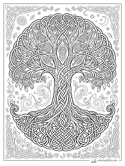 Intricate Celtic tree of life with braided trunk, knotted roots, spiraling leaves, moons, stars, and woven border.