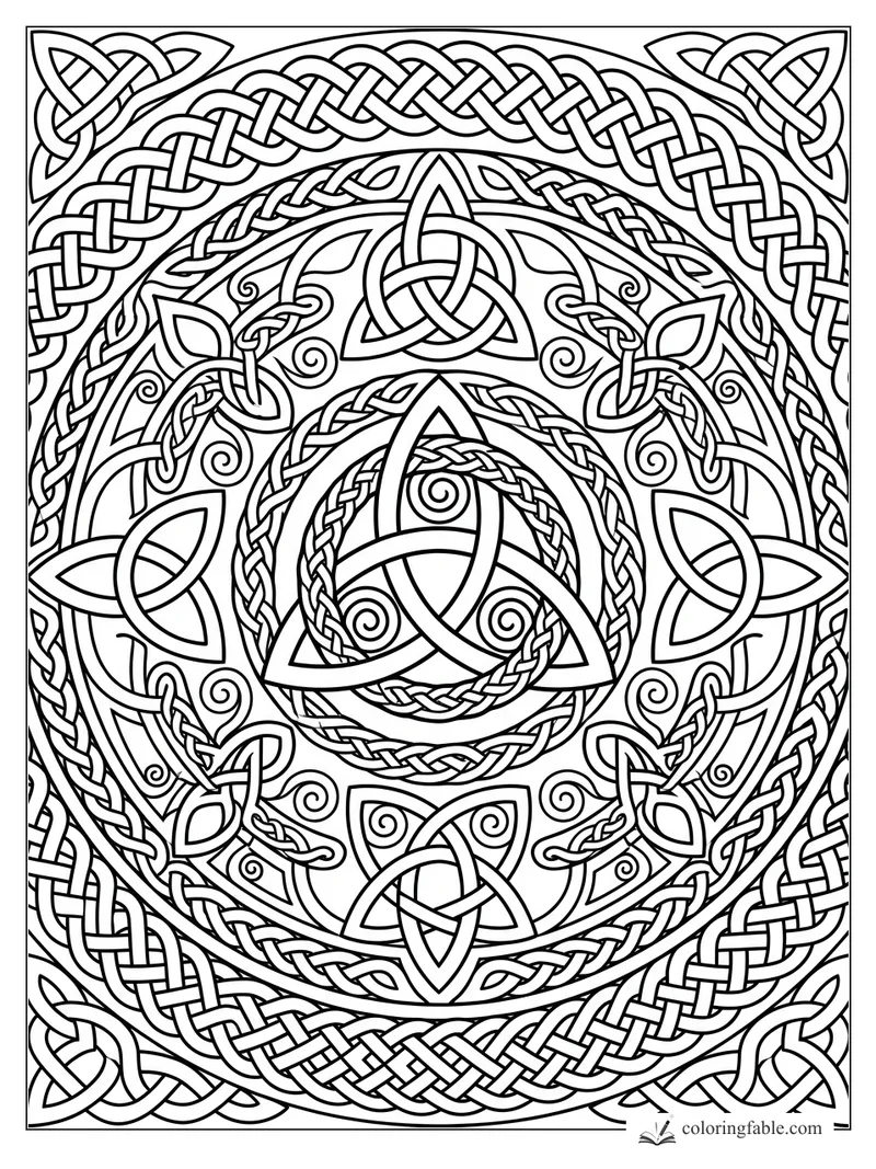 Intricate Celtic mandala with trinity knots, braided borders, leaf shapes, and spiral details