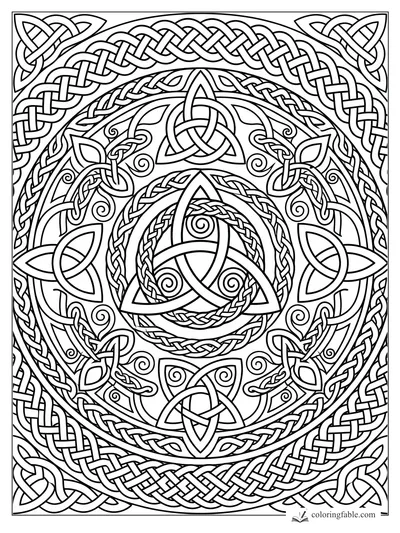 Intricate Celtic mandala with trinity knots, braided borders, leaf shapes, and spiral details
