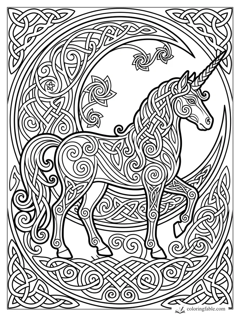Intricate Celtic unicorn with braided mane, raised hoof, spiral vines, and knotwork border