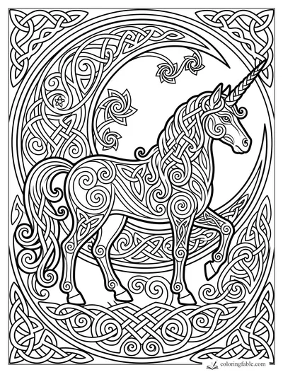 Intricate Celtic unicorn with braided mane, raised hoof, spiral vines, and knotwork border