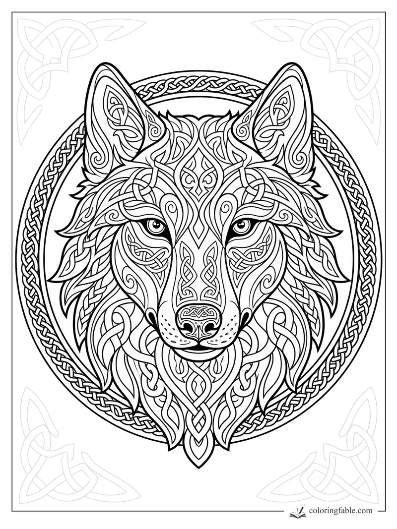 Intricate Celtic wolf head with knotwork ears, woven muzzle, and braided circular border