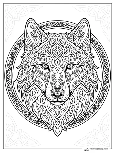 Intricate Celtic wolf head with knotwork ears, woven muzzle, and braided circular border
