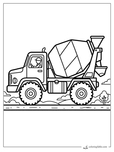 Bold cement mixer truck with driver, big tires, rotating drum, chute, road, bushes, and small tree.