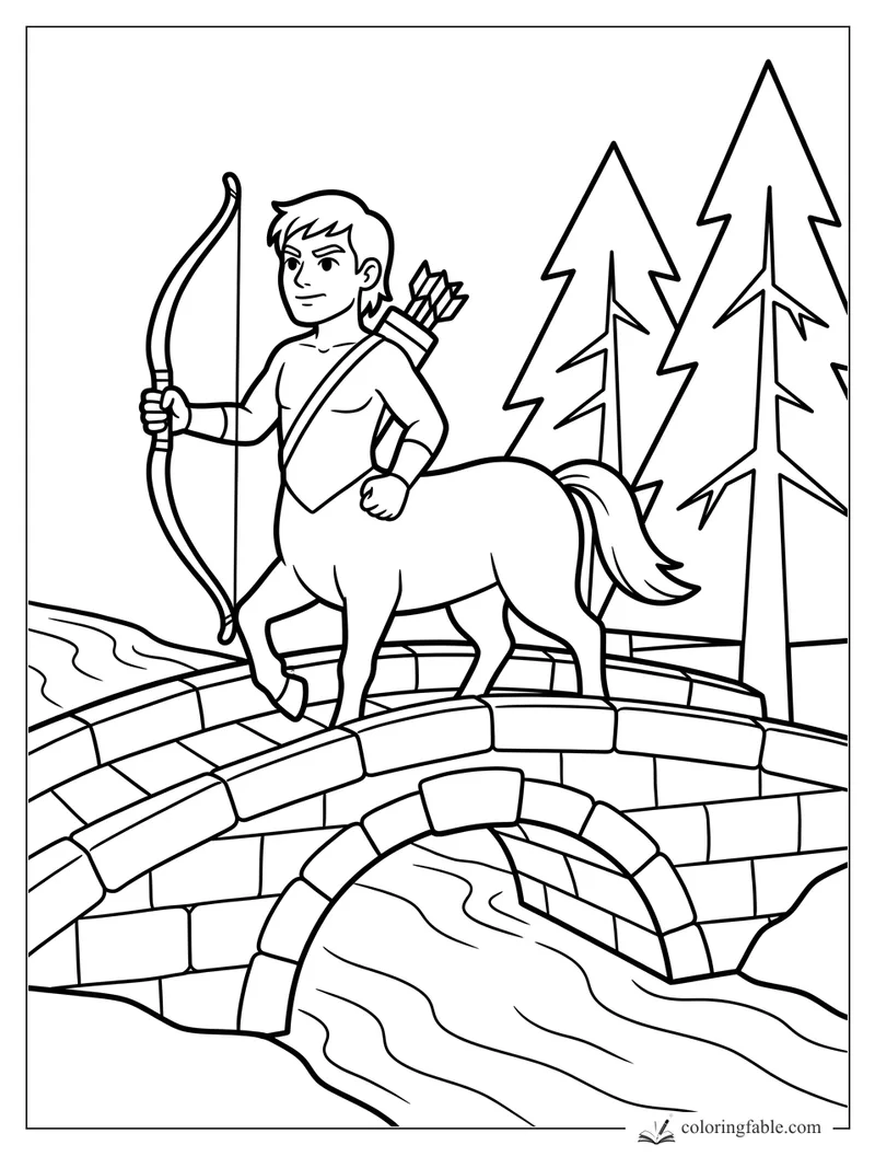 Centaur archer holding a bow on a stone bridge with pine trees and a river below
