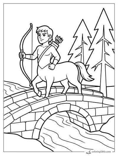 Centaur archer holding a bow on a stone bridge with pine trees and a river below