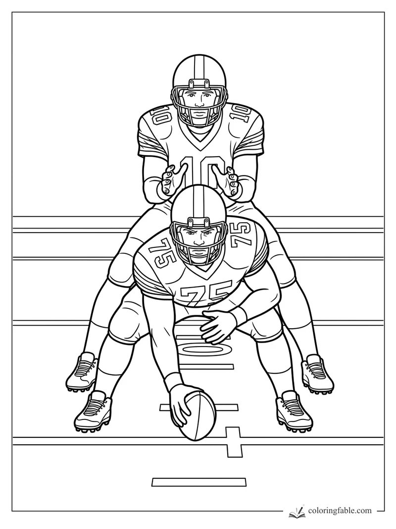 Football center number 75 crouches over the ball as quarterback number 10 waits behind him.