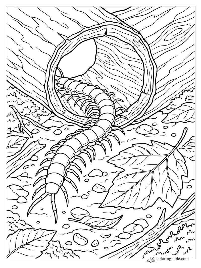 Centipede crawling from a hollow log on a forest floor with leaves, pebbles, moss, and bark grain