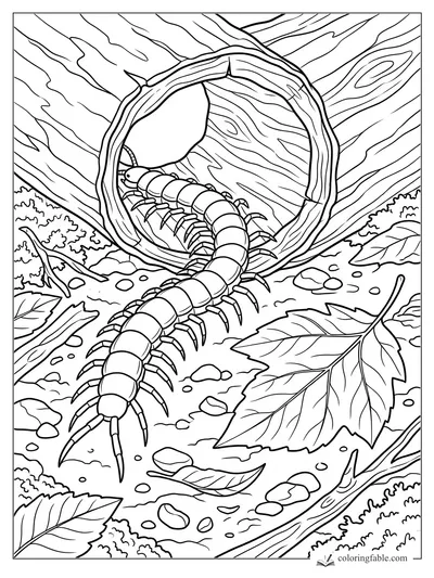 Centipede crawling from a hollow log on a forest floor with leaves, pebbles, moss, and bark grain