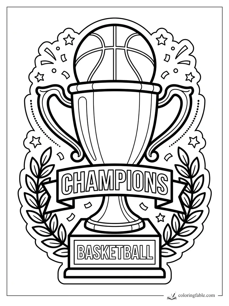 Basketball trophy sticker with champions banner, stars, confetti, and laurel leaves