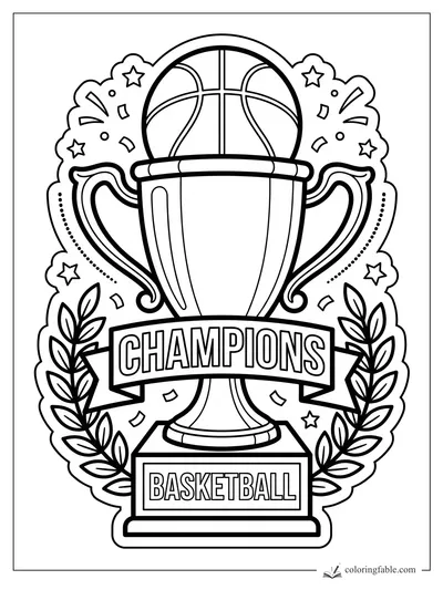 Basketball trophy sticker with champions banner, stars, confetti, and laurel leaves