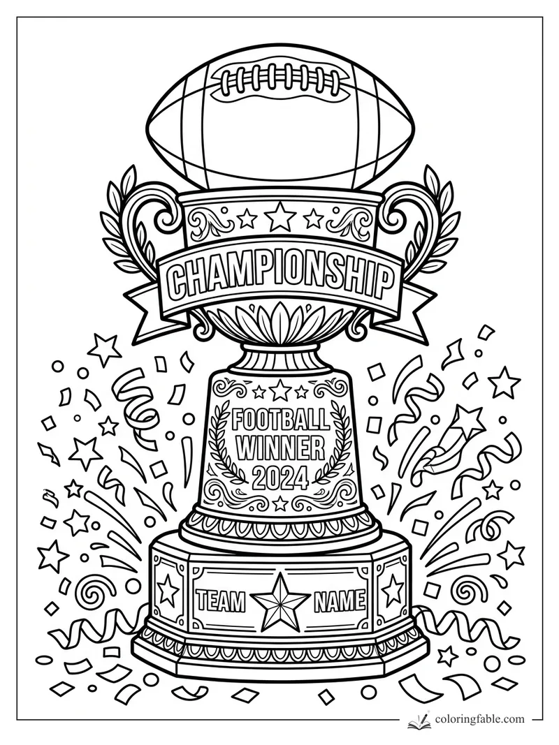 Championship football trophy with ball, stars, ribbons, confetti, and “Football Winner 2024” text.