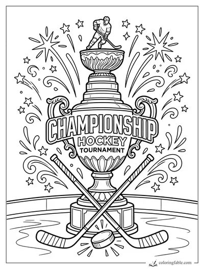 Hockey championship trophy with crossed sticks, puck, tiny skater topper, stars, and fireworks