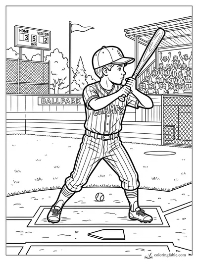 Vintage-style boy batter for the Champs at home plate, with scoreboard, cheering crowd, and ballpark fence.