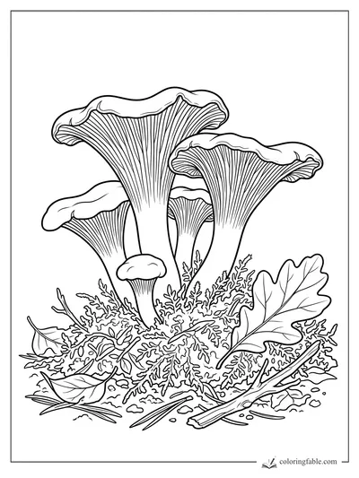 Realistic chanterelle mushrooms with ridged gills, moss, twigs, and oak leaves in forest litter.
