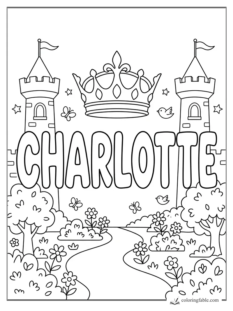 Charlotte name coloring page with crown, castle towers, flags, birds, butterflies, flowers, and winding path.