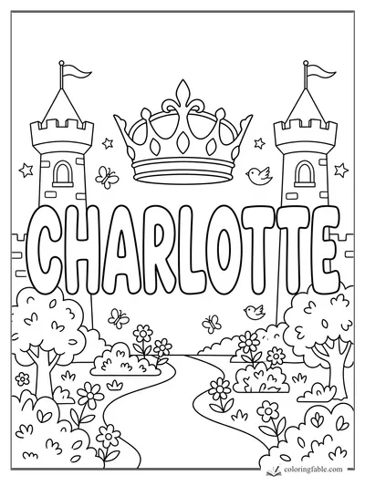 Charlotte name coloring page with crown, castle towers, flags, birds, butterflies, flowers, and winding path.