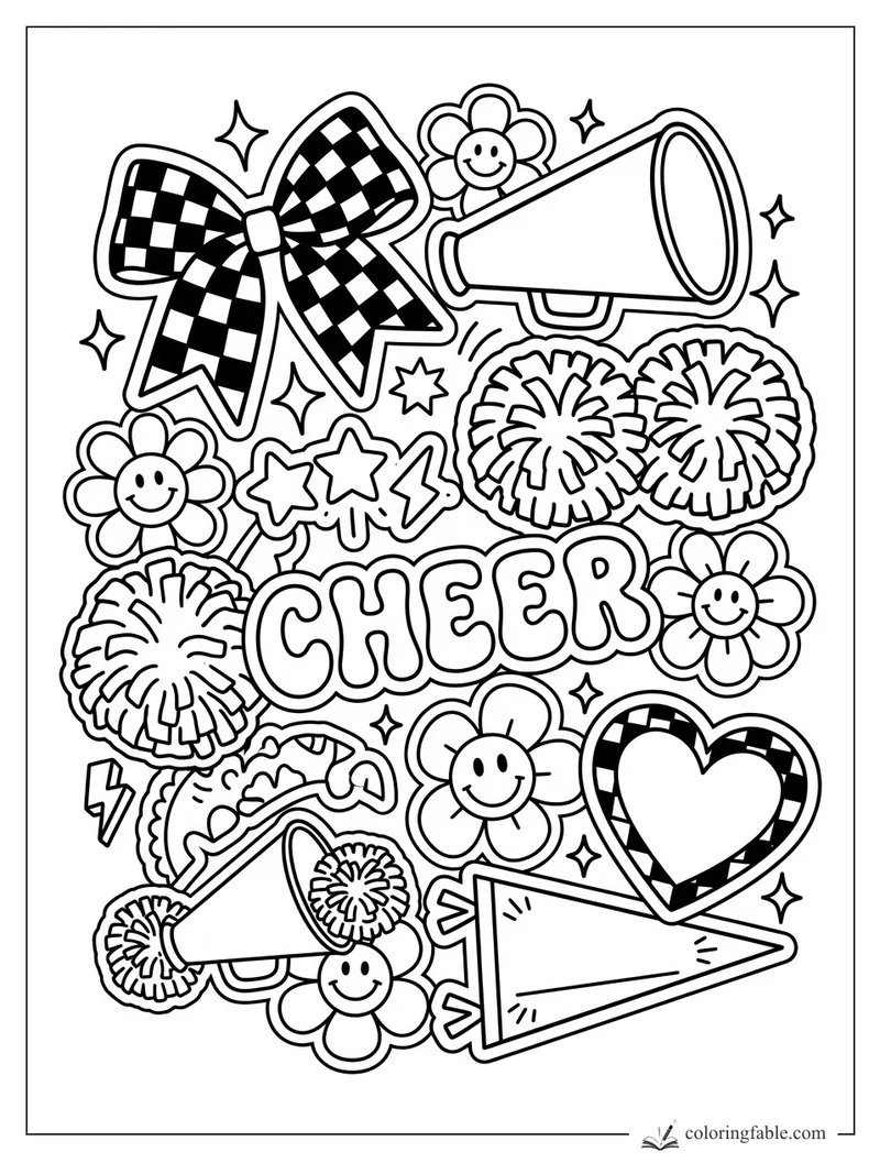 Preppy cheer coloring page with checker bow, megaphones, pom-poms, smiley flowers, heart, pennant, and CHEER letters.