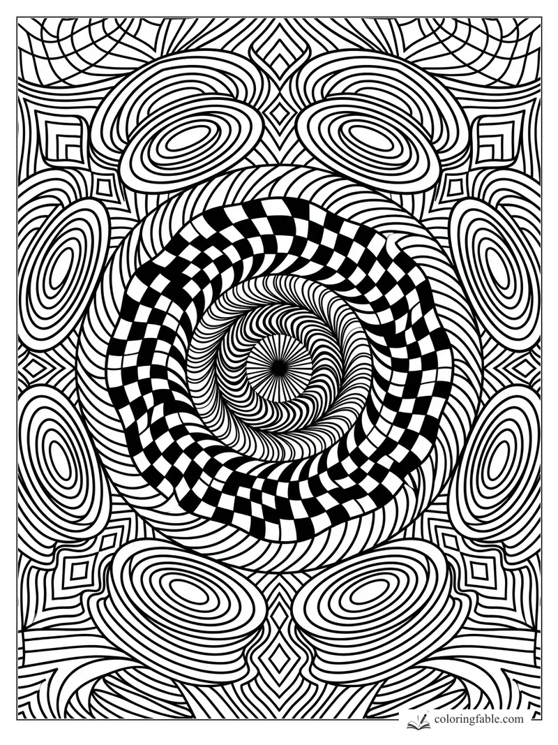 Intricate geometric mandala with a checkerboard ring, spiral center, oval ripples, and diamond corners