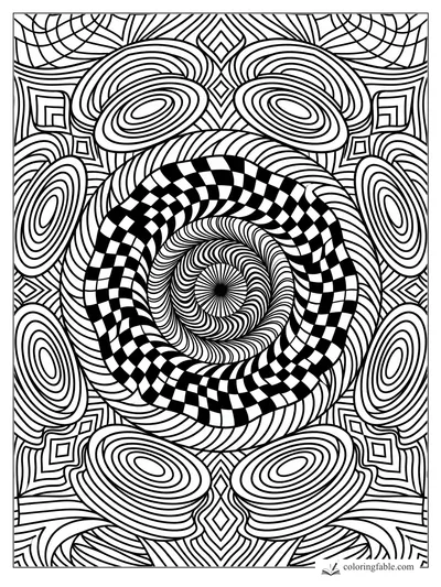 Intricate geometric mandala with a checkerboard ring, spiral center, oval ripples, and diamond corners