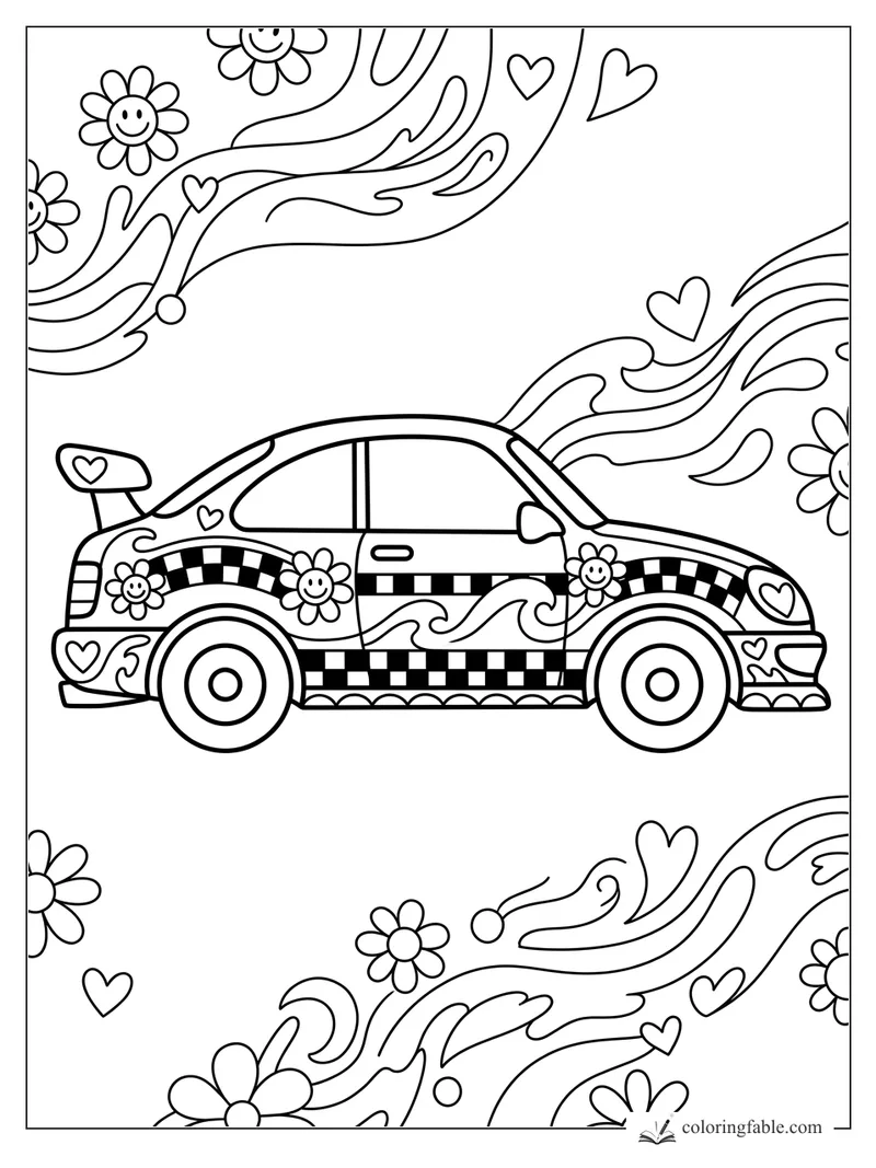 Preppy race car coloring page with checkered stripes, hearts, daisies, and swirling flames