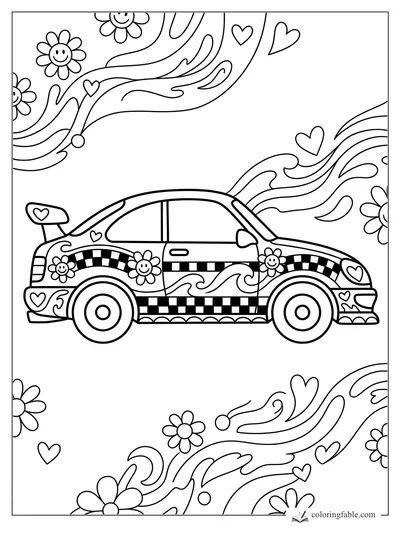 Preppy race car coloring page with checkered stripes, hearts, daisies, and swirling flames
