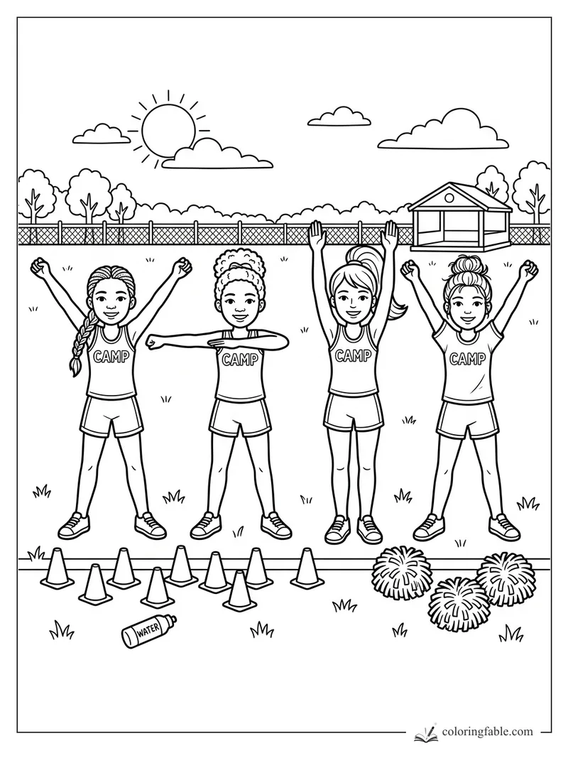 Four girls practice cheer camp moves on a field with cones, pom-poms, a water bottle, trees, and a cabin.