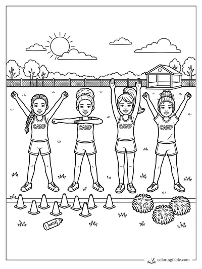 Four girls practice cheer camp moves on a field with cones, pom-poms, a water bottle, trees, and a cabin.