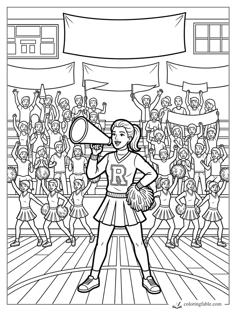 Cheerleader with megaphone and pom-poms leading a gym crowd with banners and flags