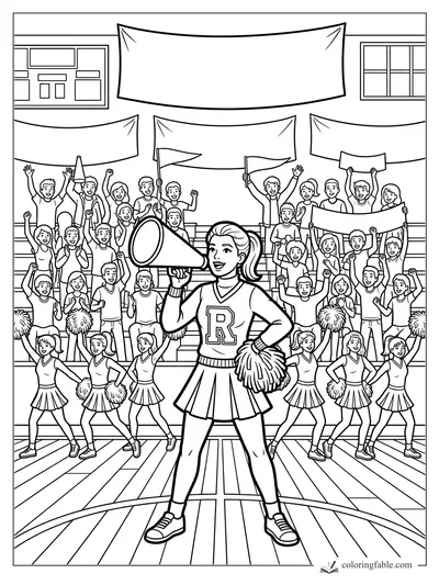 Cheerleader with megaphone and pom-poms leading a gym crowd with banners and flags
