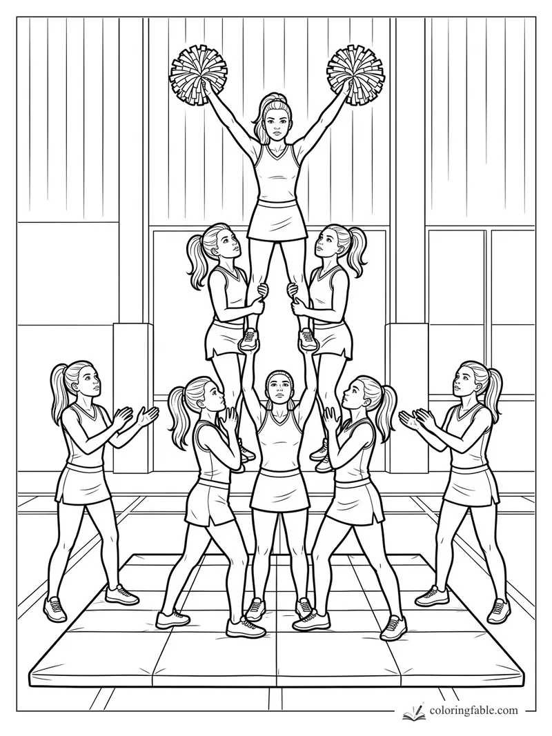 Realistic cheer team forming a pyramid stunt on gym mats with pom-poms raised overhead