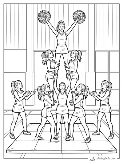 Realistic cheer team forming a pyramid stunt on gym mats with pom-poms raised overhead