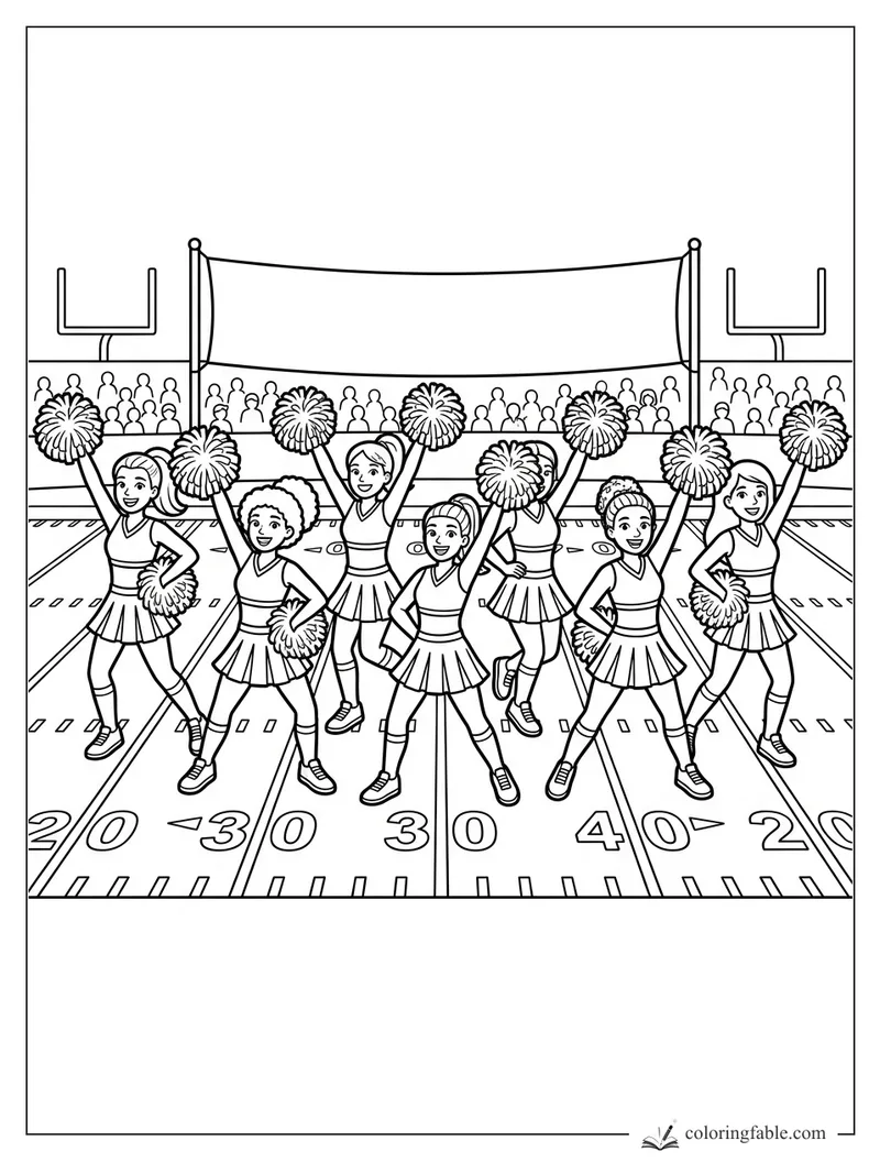 Six cheerleaders with pom-poms pose on a football field in front of bleachers and goalposts.