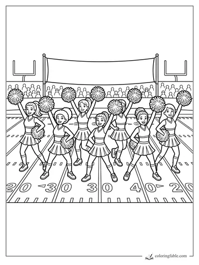 Six cheerleaders with pom-poms pose on a football field in front of bleachers and goalposts.
