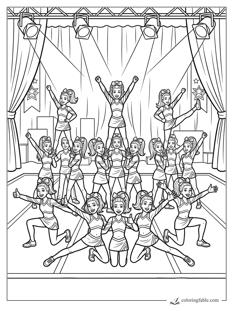 Realistic cheerleading squad posing on a stage with spotlights, curtains, bows, stars, and raised arms