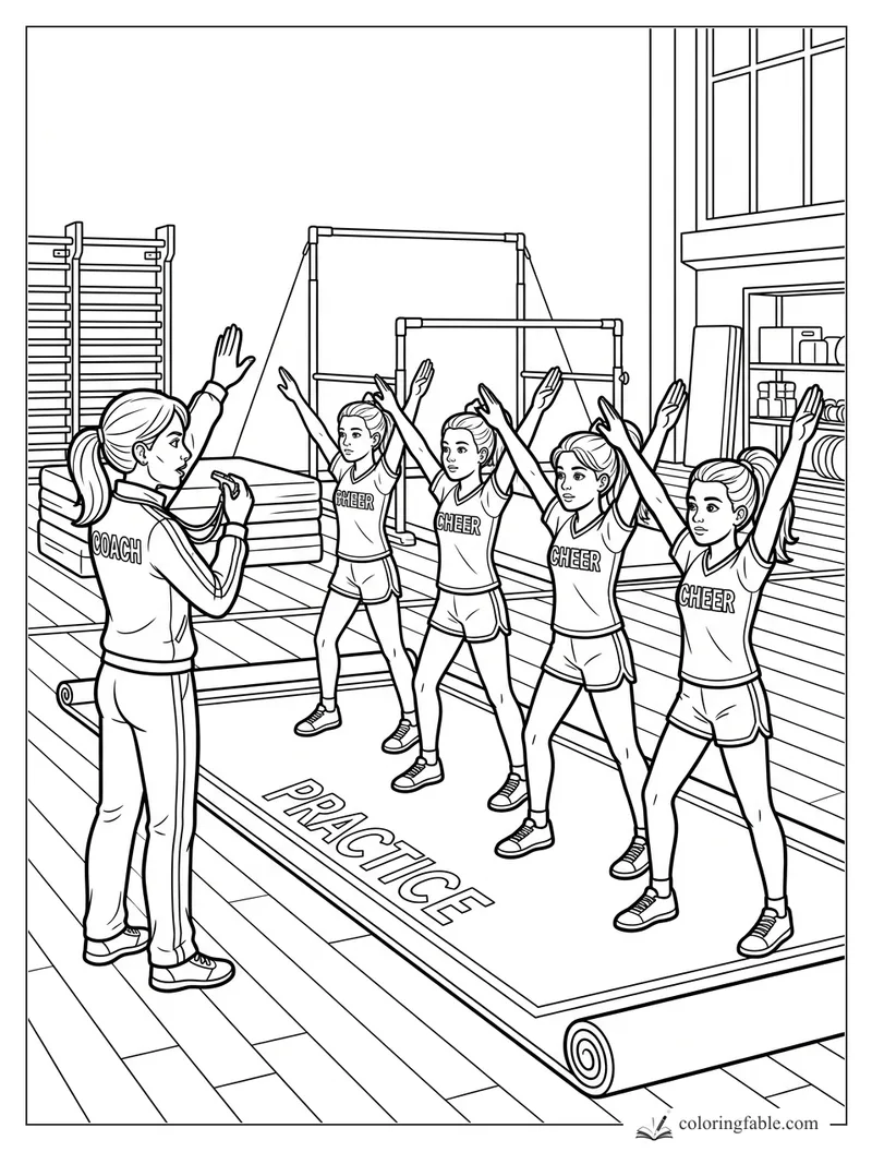 Cheerleaders on a practice mat follow their coach in a gym with bars, mats, and storage shelves.