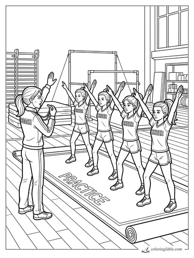 Cheerleaders on a practice mat follow their coach in a gym with bars, mats, and storage shelves.