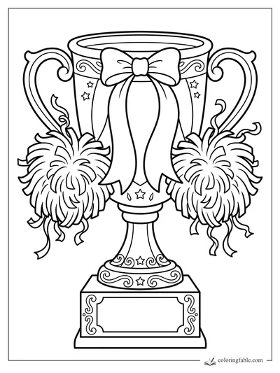 Cheerleading trophy with a big bow, curled handles, stars, and pom-poms coloring page