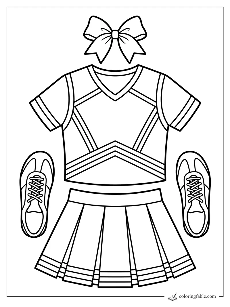 Cheerleading uniform coloring page with bow, striped top, pleated skirt, and sneakers
