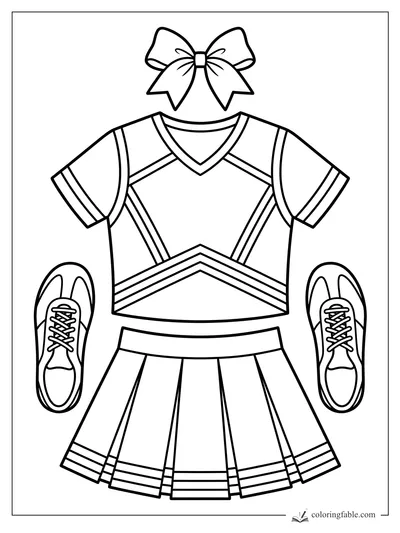 Cheerleading uniform coloring page with bow, striped top, pleated skirt, and sneakers
