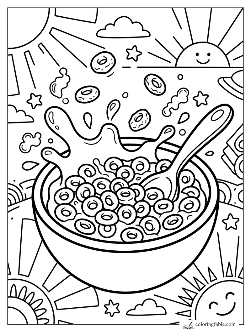 Cartoon cereal bowl with spoon, milk splashes, floating rings, stars, clouds, and smiling suns